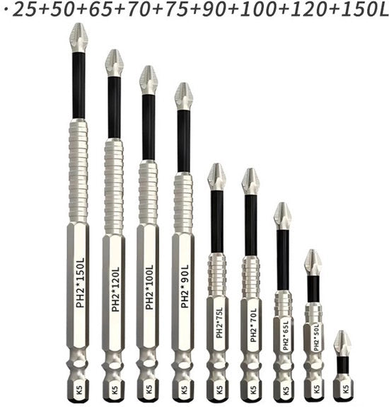 Set di punte Phillips antiscivolo extra dura, alta durezza, resistente alla fatica, per trapano elettrico e trapano a batteria (25-150L), 9 pezzi
