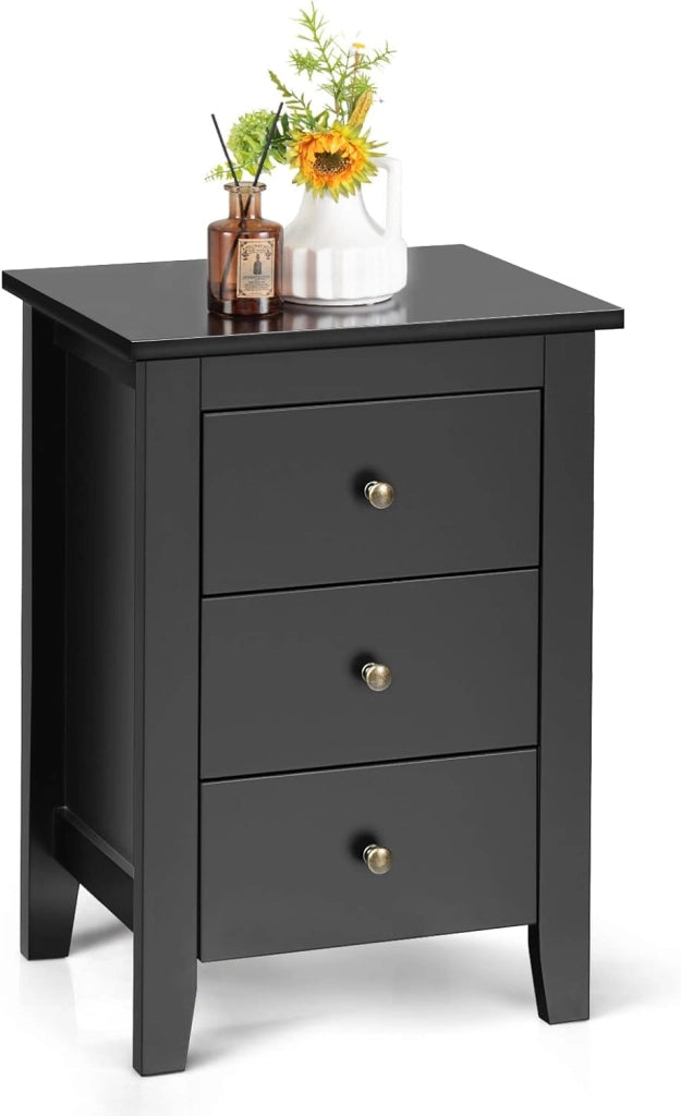 Set di 2 comodini, 3 cassetti, tavolino in legno, comodino per camera da letto, tavolino da caffè, 46 x 37 x 65 cm, colore nero