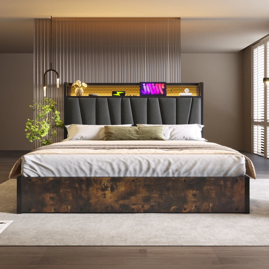 Letto matrimoniale in metallo con LED RGBW, USB e contenitore