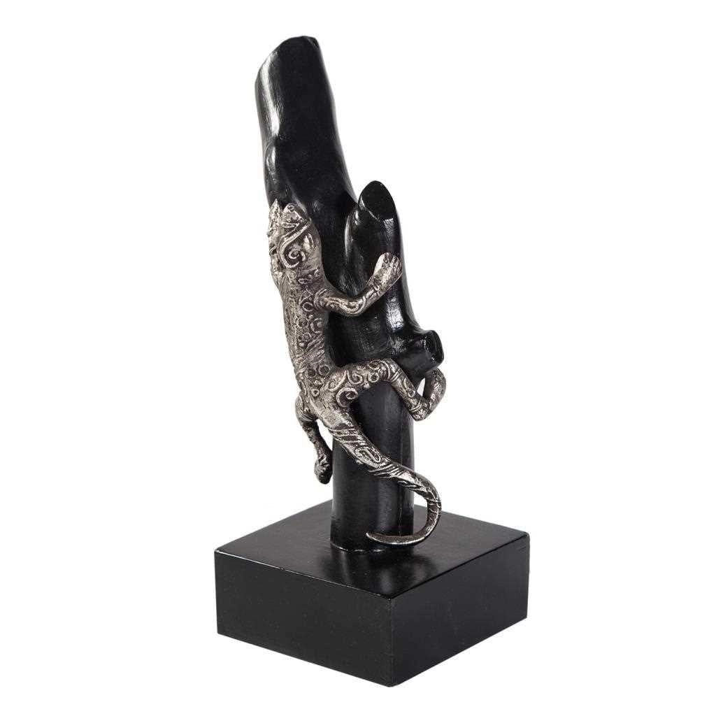 Figura lucertola in legno e alluminio con supporto 13x17,5x32,5h
