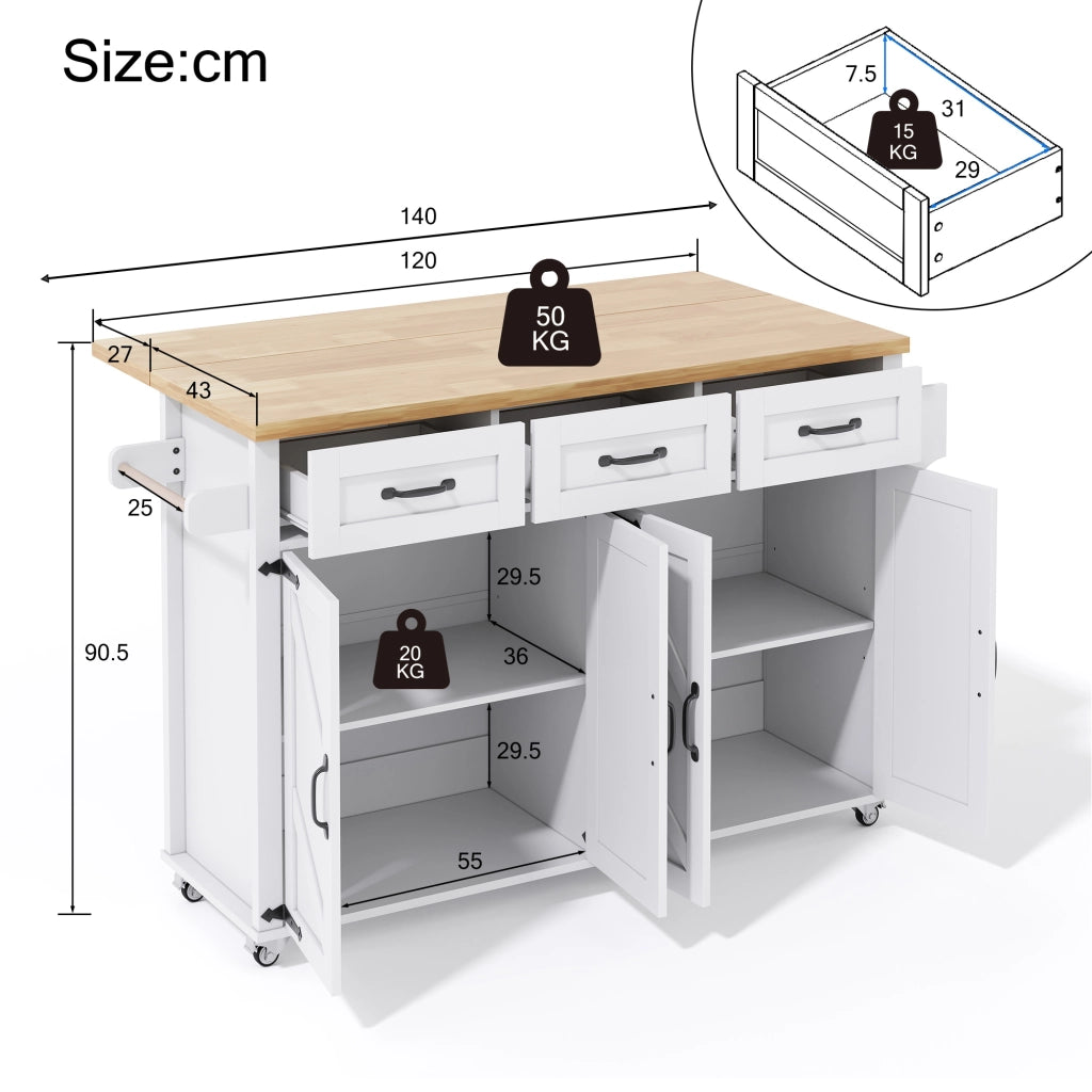 Isola da cucina pieghevole 140x43(70)x90,5 cm con 4 porte, 3 cassetti, rotelle bloccabili, bianco/naturale