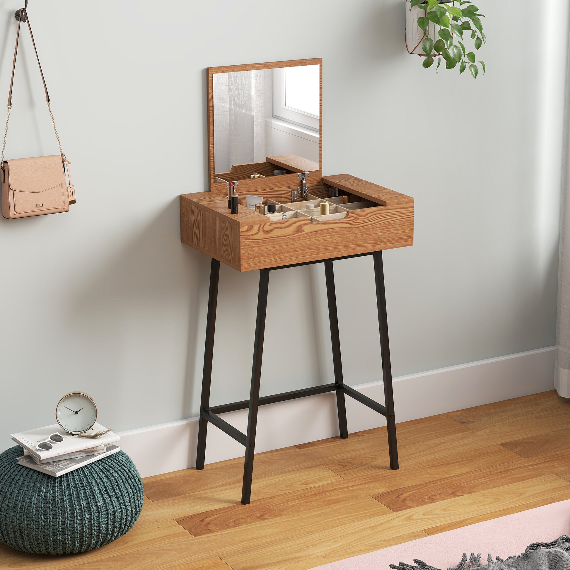 Mobile Toeletta con Specchio Ribaltabile e 16 Scomparti 60x40x90 cm in Legno e Acciaio Color Legno