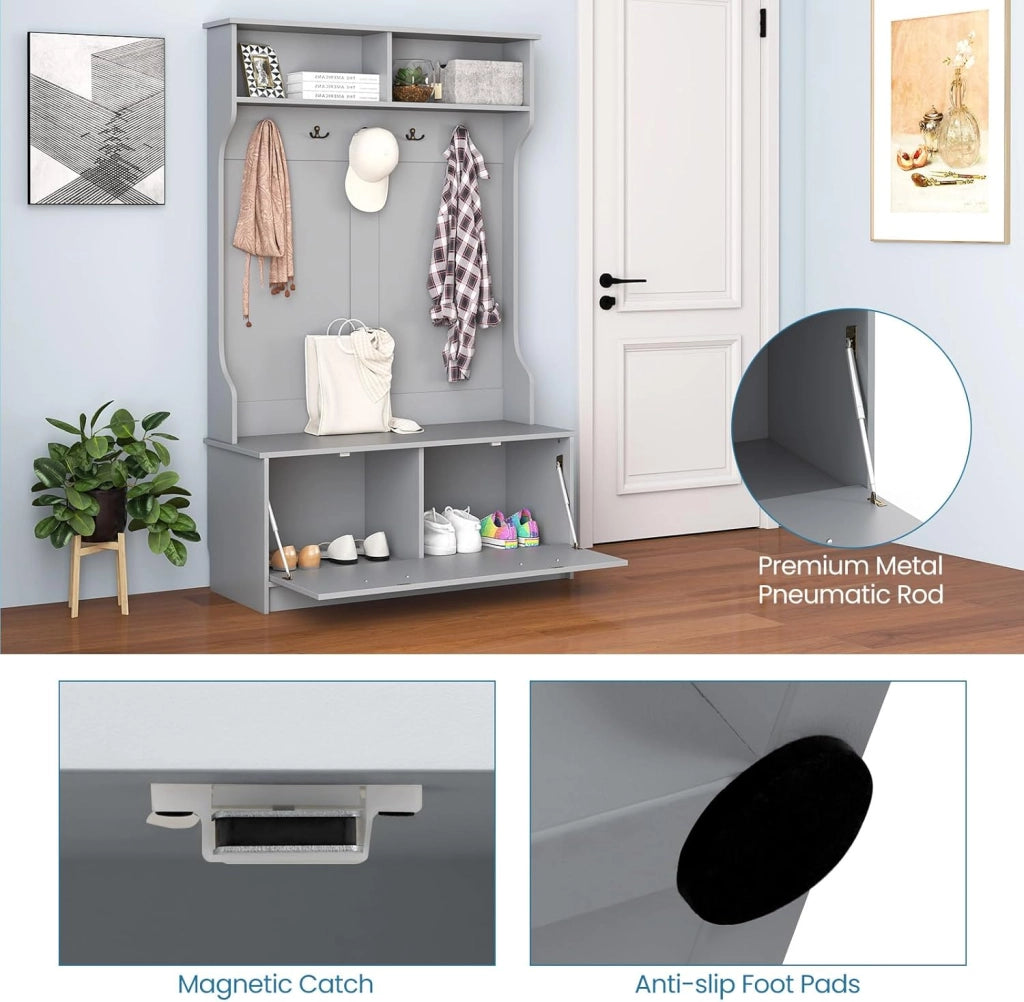 Appendiabiti con Panca da Scarpe, Armadio con Panca Portaoggetti e 5 Ganci e Scomparti, Mobile d'Ingresso Moderno per Corridoio, Camera da Letto, 100x40x160 cm