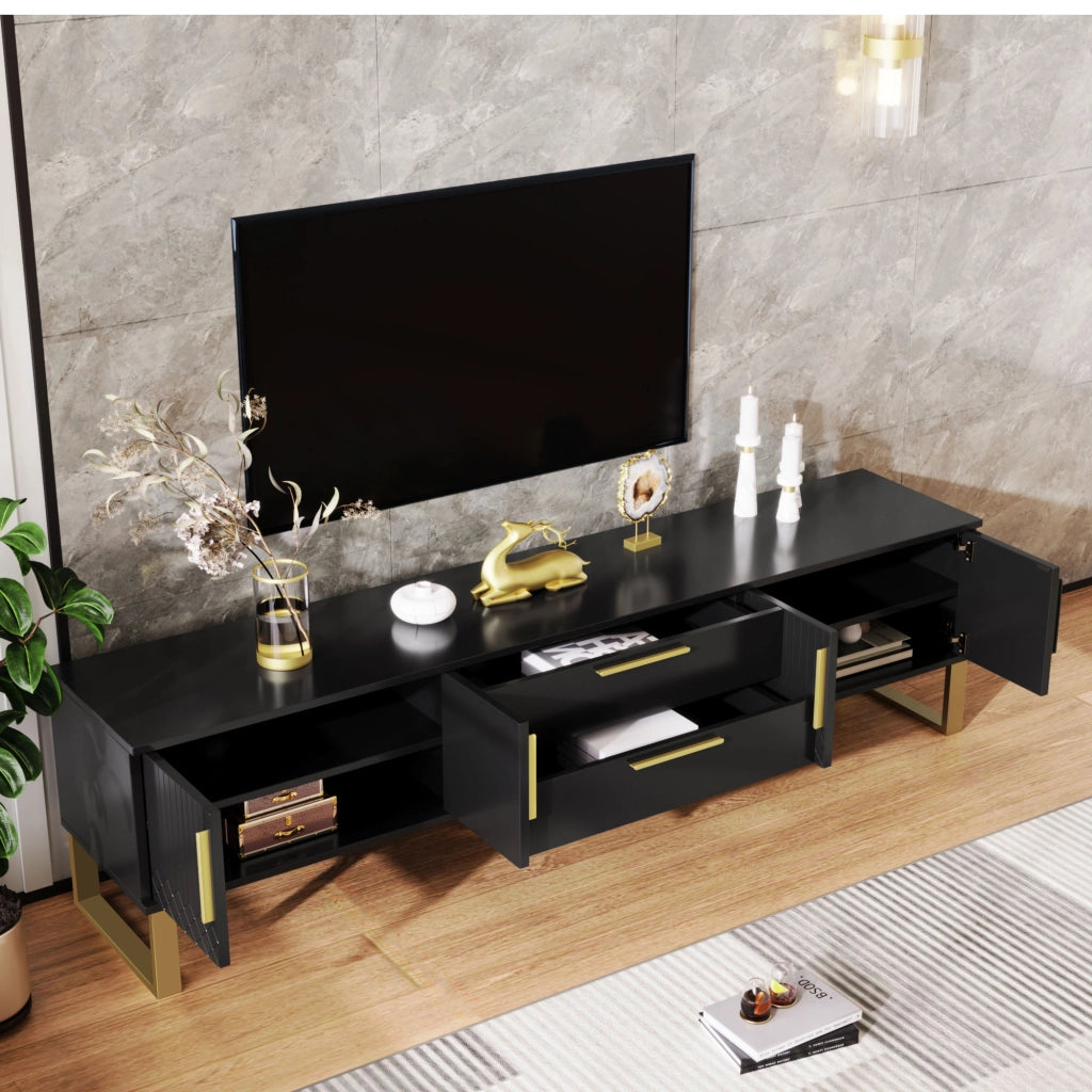 Mobile porta TV con 4 ante, 2 cassetti centrali e ripiani interni, finitura lucida, in MDF nero e oro, 170 × 40 × 53,5 cm