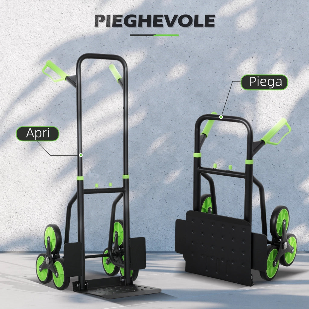 Carrello Portapacchi per Scale 6 Ruote 44x67x106,5 cm Pieghevole Portata 120kg in Acciaio Verde