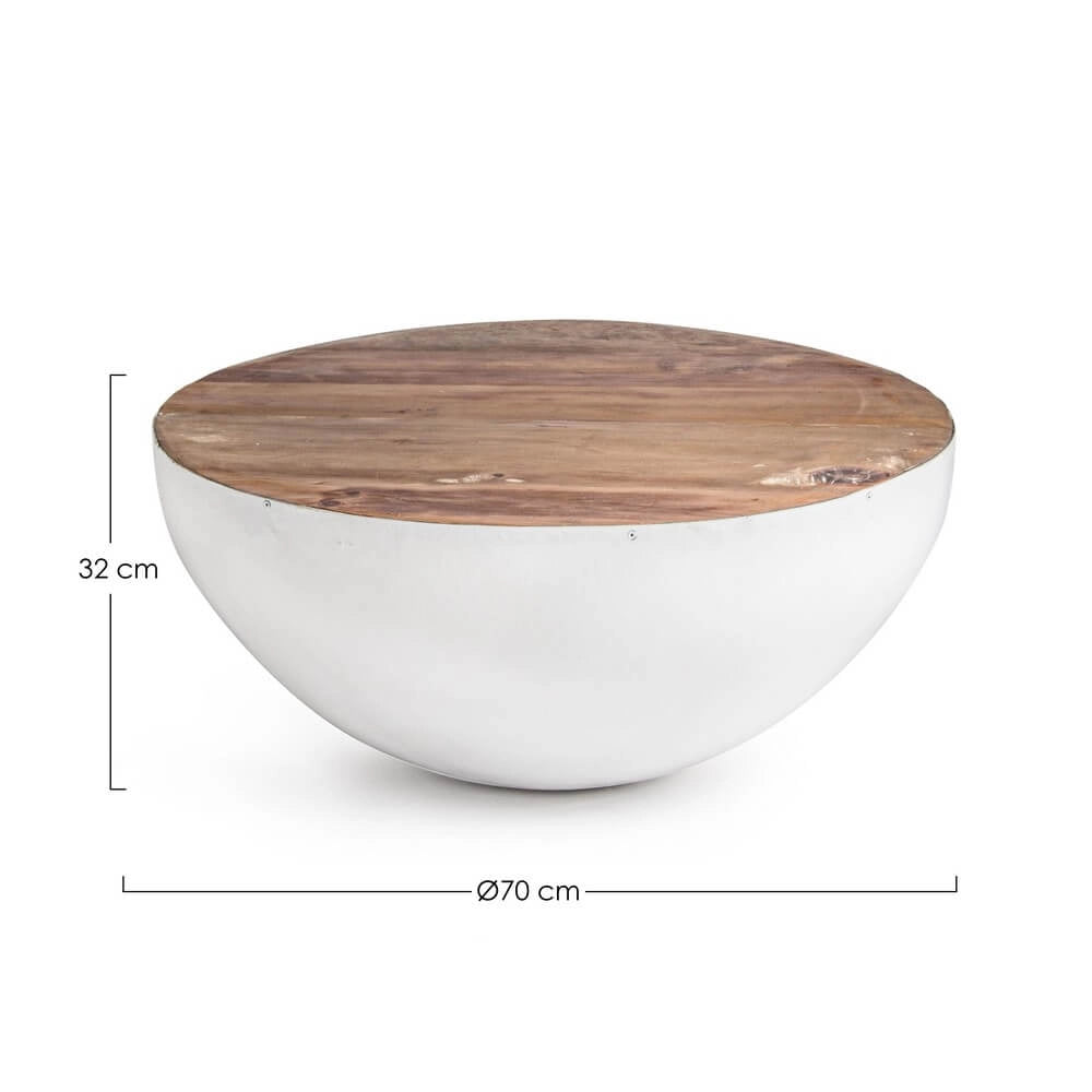 Tavolino Rotondo in Acciaio e Legno Riciclato Base Semisfera - ZEN