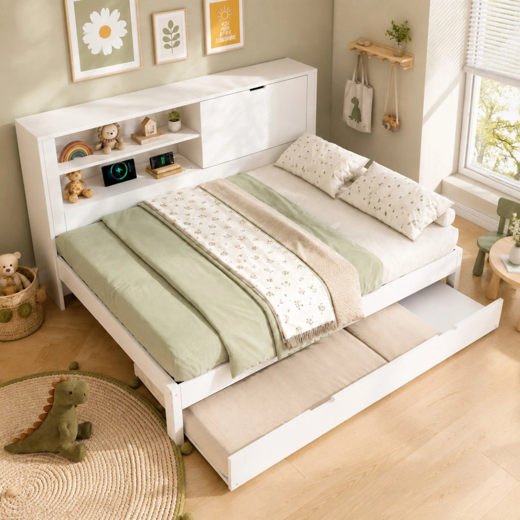 Sofabed con letto estraibile 140x190 cm; bianco; con vano portaoggetti e ricarica USB/USB-C
