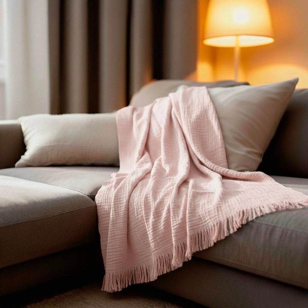 100% cotone rosa pallido plaid con frange 130x170cm BITALD