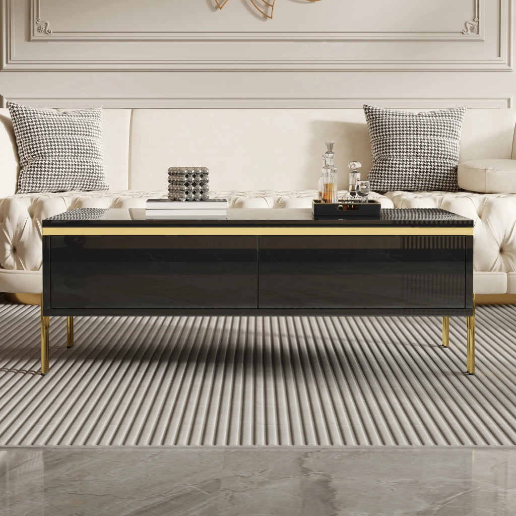 Tavolino da Salotto con 2 Cassetti Nascosti e Gambe in Metallo; Lucido; Stile Moderno; in Truciolare; Nero; 100×50×36 cm