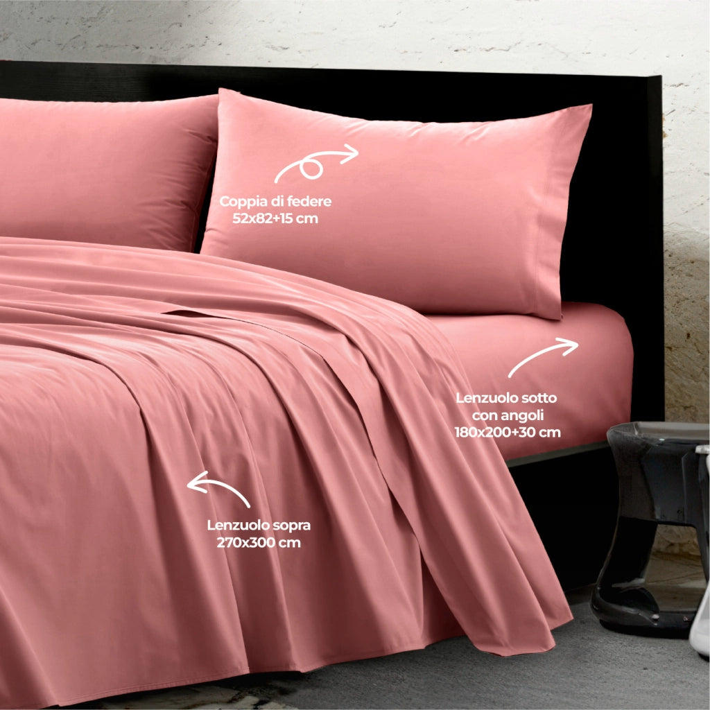 Completo Lenzuola Matrimoniale 100% Cotone Percalle 210 Tc Certificato OEKO-TEX Confezionato in Italia Lenzuolo con Angoli Maxi 30 cm, 2 Federe con Patella Orchidea