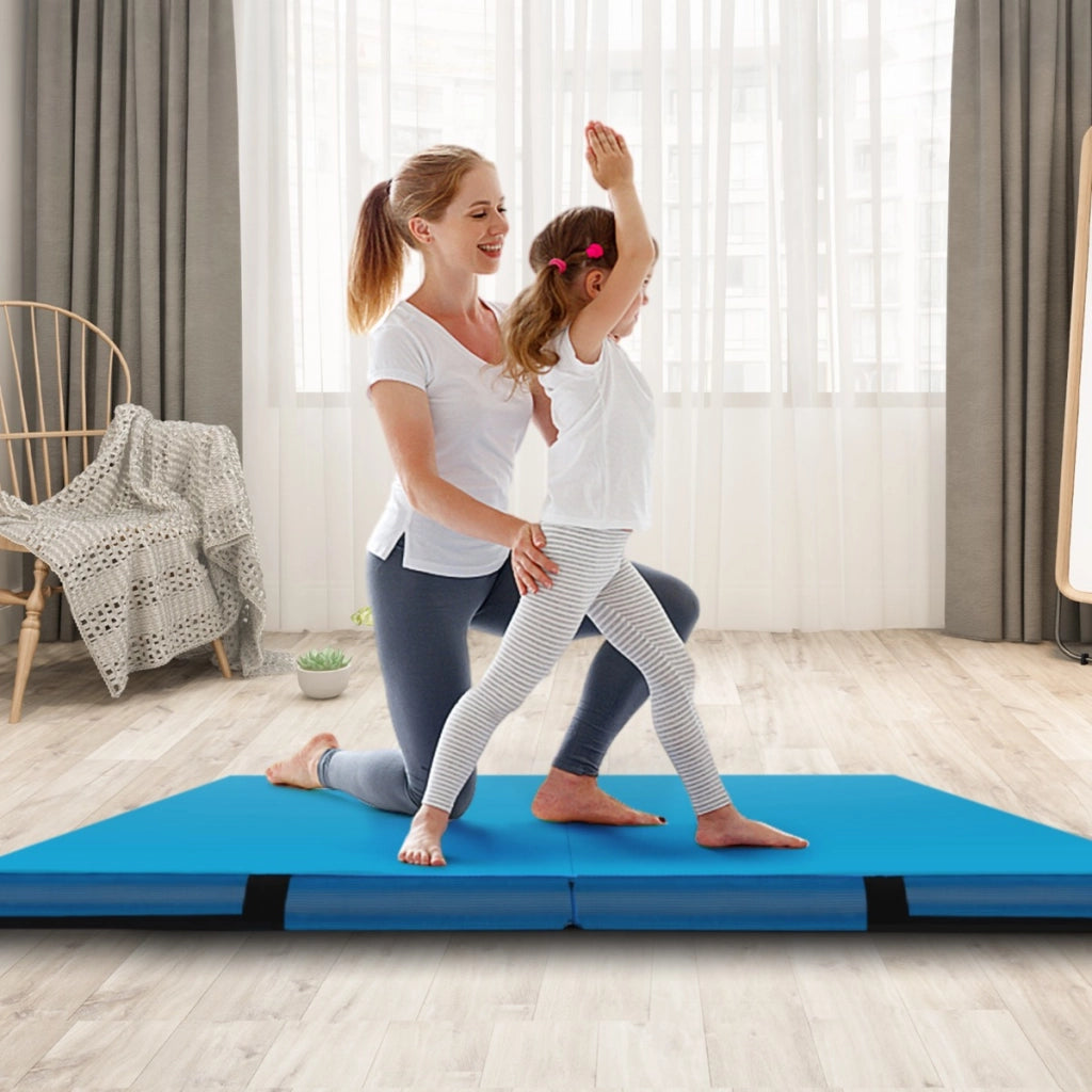 Bi-pieghevole per ginnastica e acrobatica con rivestimento in pelle sintetica e maniglie, Tappetino ginnico pieghevole Blu
