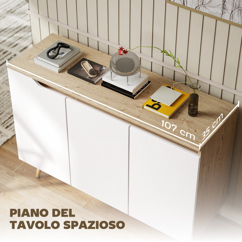 Credenza Moderna a 3 Ante con 3 Ripiani Regolabili e 5 Gambe in Legno, 107x35x76.5 cm, Bianco e Rovere