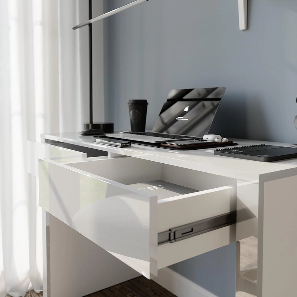 Scrivania Annabelle, Bianco lucido/bianco, 110 x 50 cm con 2 cassetti, adatto come postazione di lavoro per home office o studio