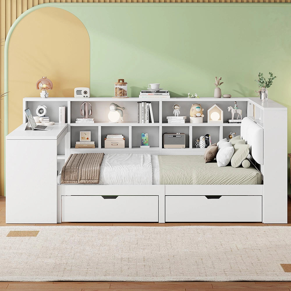 Letto angolare 140x200cm?- Xylo - scrivania libreria LED bianco