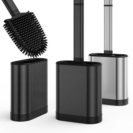 Set di spazzole per il water toilette in silicone nero con manico in acciaio inossidabile con supporto in acciaio inossidabile, installazione senza forare e senza fissaggio, con supporto a muro per bagno