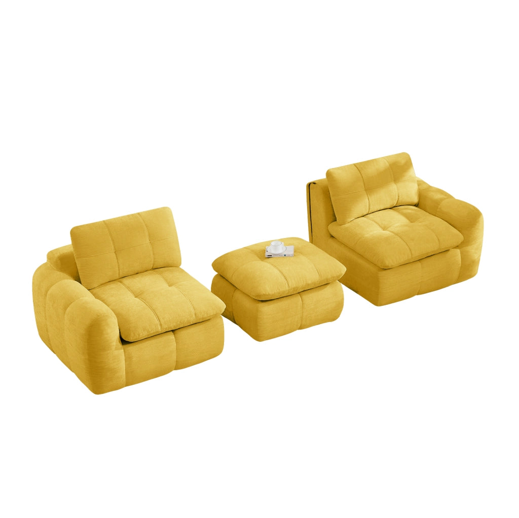 Divano modulare angolare 194x160x68 cm in chenille gialla con pouf; senza montaggio