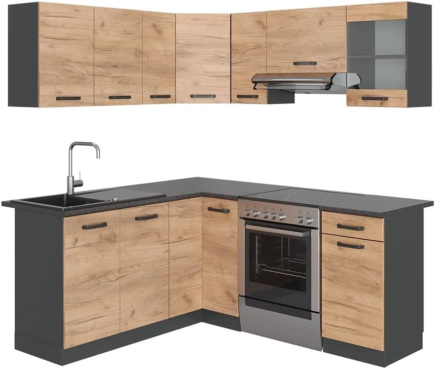 Cucina angolare completa Rick, Sonoma, 167 x 60 cm, PL Marmo con striscia LED