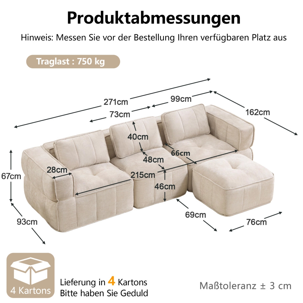 Divano modulare angolare a 3 posti con 1 pouf senza telaio e seduta profonda in poliestere beige per soggiorno