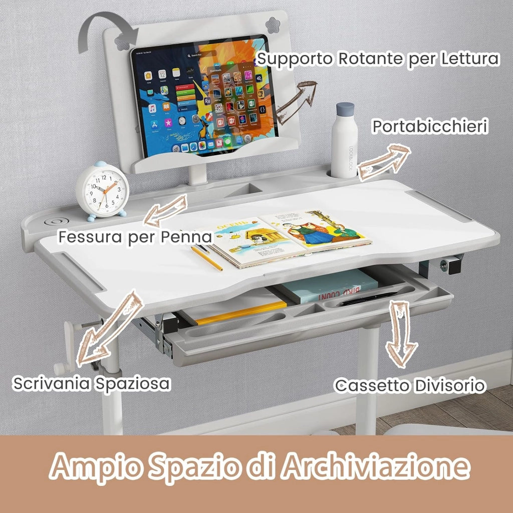 Set di Scrivania e Sedia per Bambini con Altezza Regolabile, Grigio | Banco Scuola con Piano Inclinabile, Supporto per Libri, Barra Poggiapiedi e Sedia Ergonomica per Scuola, Ufficio e Cameretta