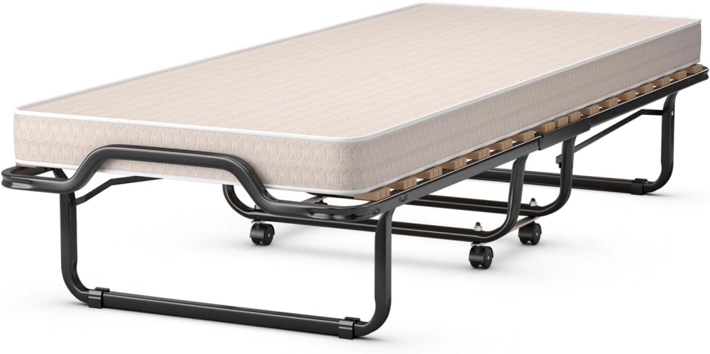 Letto Brandina Pieghevole, con Materasso in Memory Foam, Struttura Resistente e 4 Ruote Girevoli, Lettino Pieghevole, 200 x 80 x 40cm, Made in Italy (Beige)