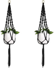 Set di 2 Corda Macramè per Piante con Trecce - Cestini per Piante da Appendere con Trecce Sacchetto per Fiori in Cotone Nera