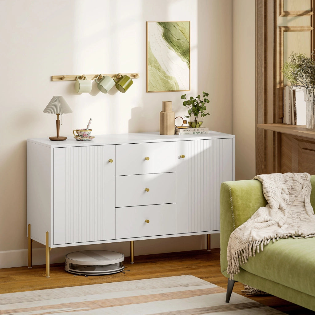 Buffet da cucina ¨C zephmum ¨C bianco, acciaio, 5 gambe, 2 porte, 3 cassetti