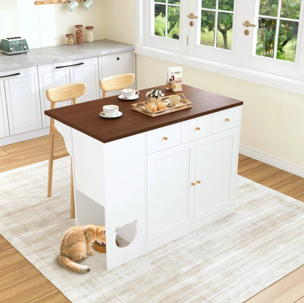Tavolo da cucina con area per gatti, bianco e noce