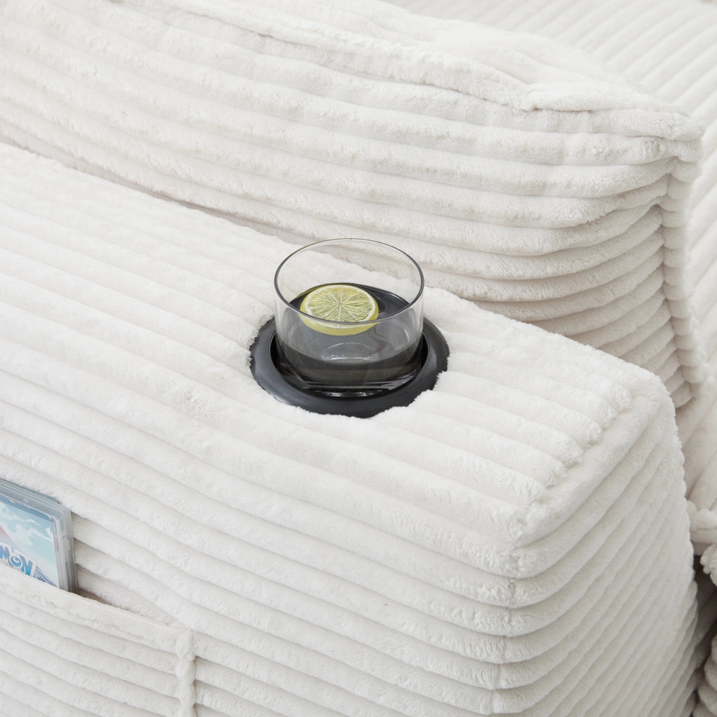 Divano modulare 4 posti in velluto a coste beige con 2 pouf e portabicchieri
