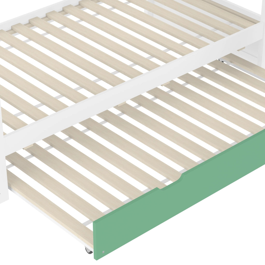 OKWISH Letto a Castello 90×200 cm, Letto Singolo con Scivolo, Letto estraibile, Sponde e Scala, senza Materasso, Bianco Verde