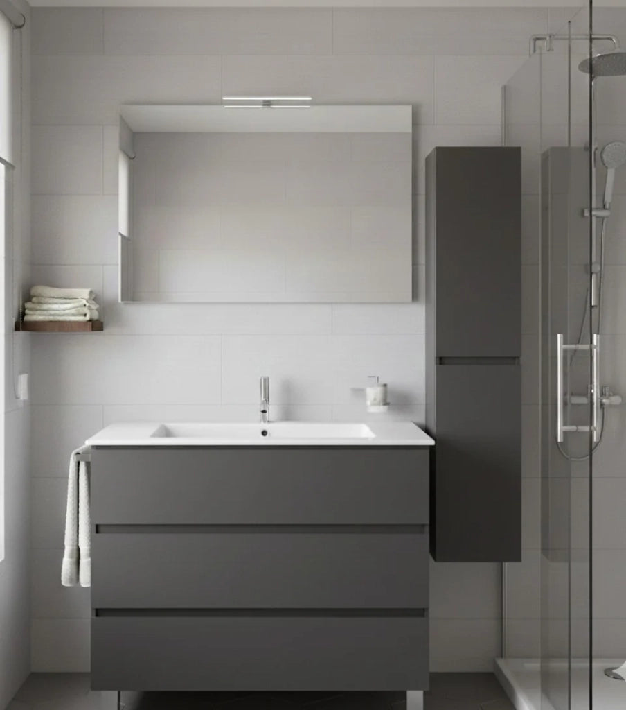 Mobile Bagno BALDER Già Montato 3 cassetti con piedini, lavabo e specchio Grafite 90x45 cm con colonna