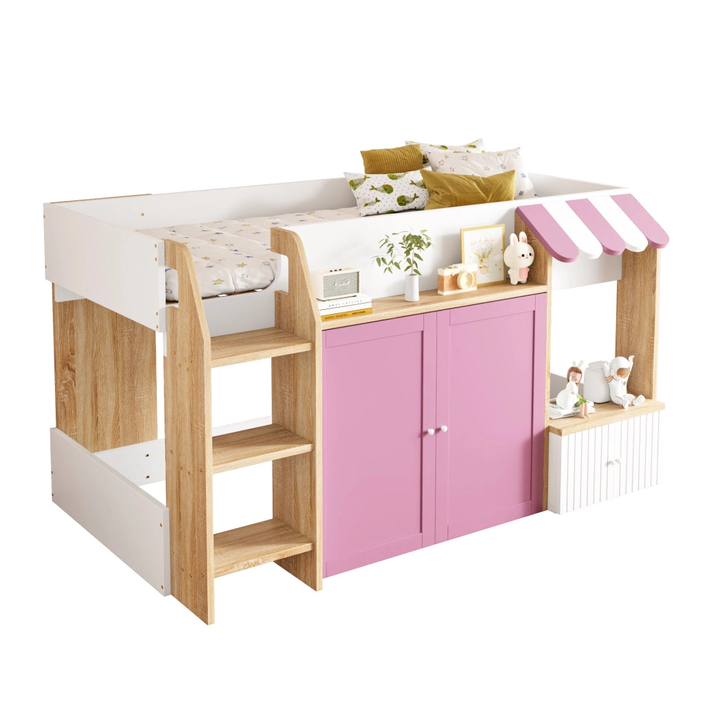 OKWISH Letto a soppalco bambino 90×200 cm, Letto Singolo con Scala Larga, Contenitori e Mensole, senza Materasso, in Legno, Rosa e Bianco