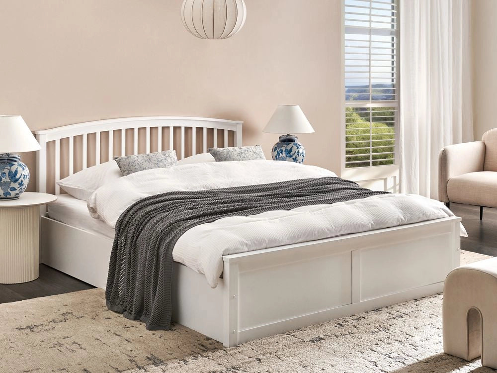 Letto matrimoniale in legno di pino con contenitore bianco con rete sollevabile 160 x 200 cm