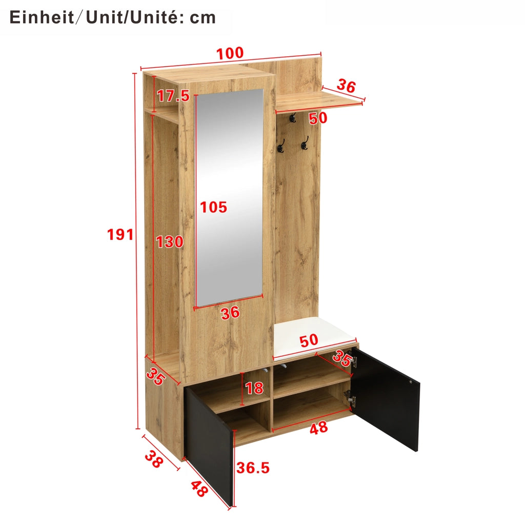 Mobile da ingresso con 2 Ante; 5 Ganci; Specchio e Panchina; per Ingresso; in MDF; 100×38×191 cm; Nero