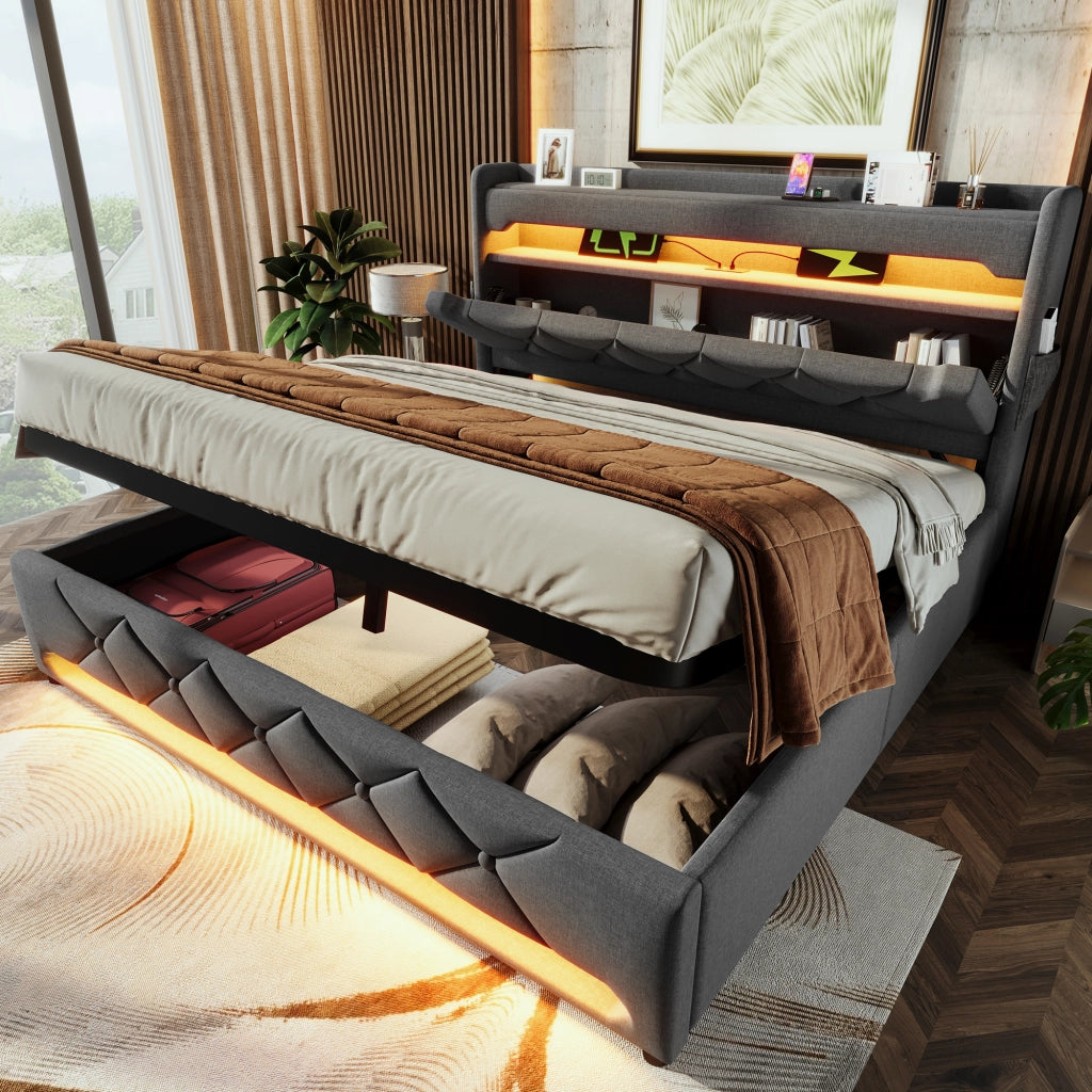 OKWISH Letto Contenitore 140×200 cm, Letto Matrimoniale con LED 360°, USB, Type C e Testiera Contenitore, senza Materasso, Lino, Grigio