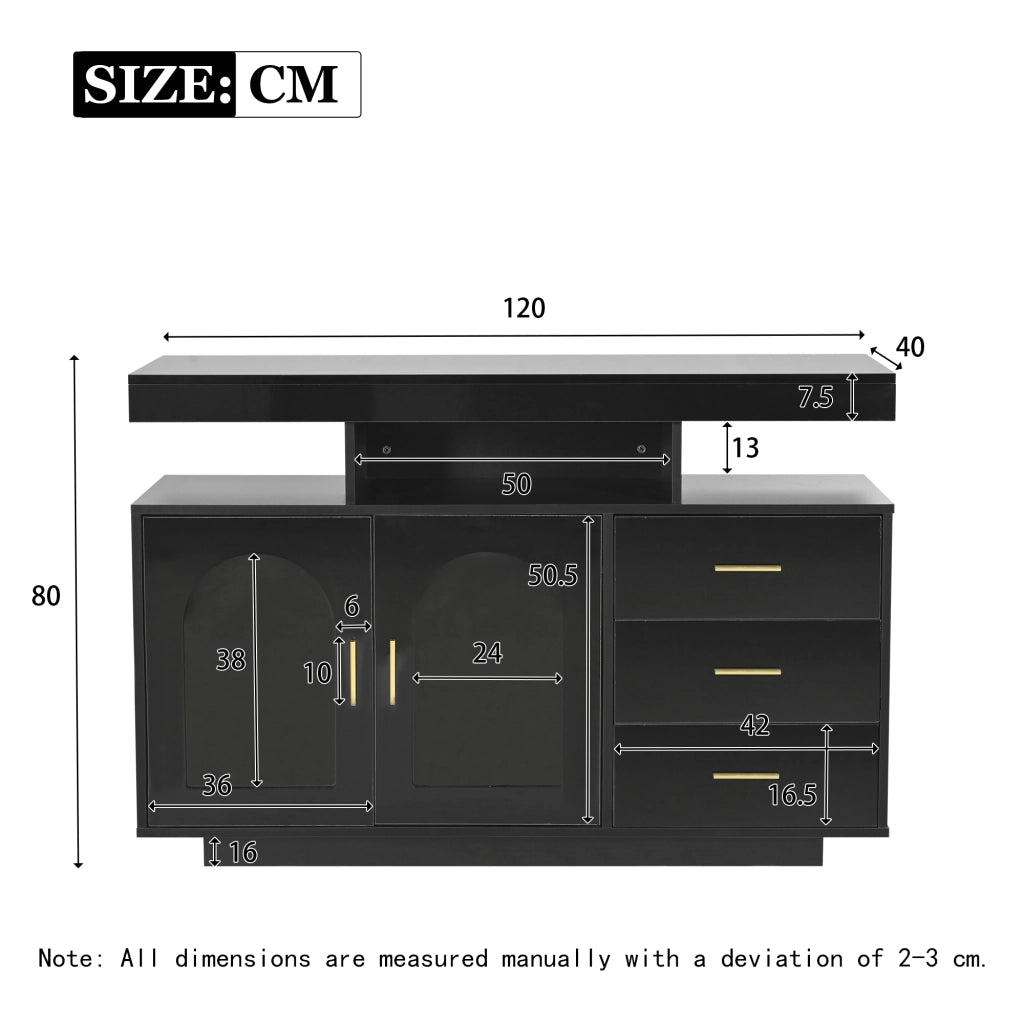 Credenza con 2 ante e 3 cassetti; LED RGB - per soggiorno - 120x40x80 cm - nero