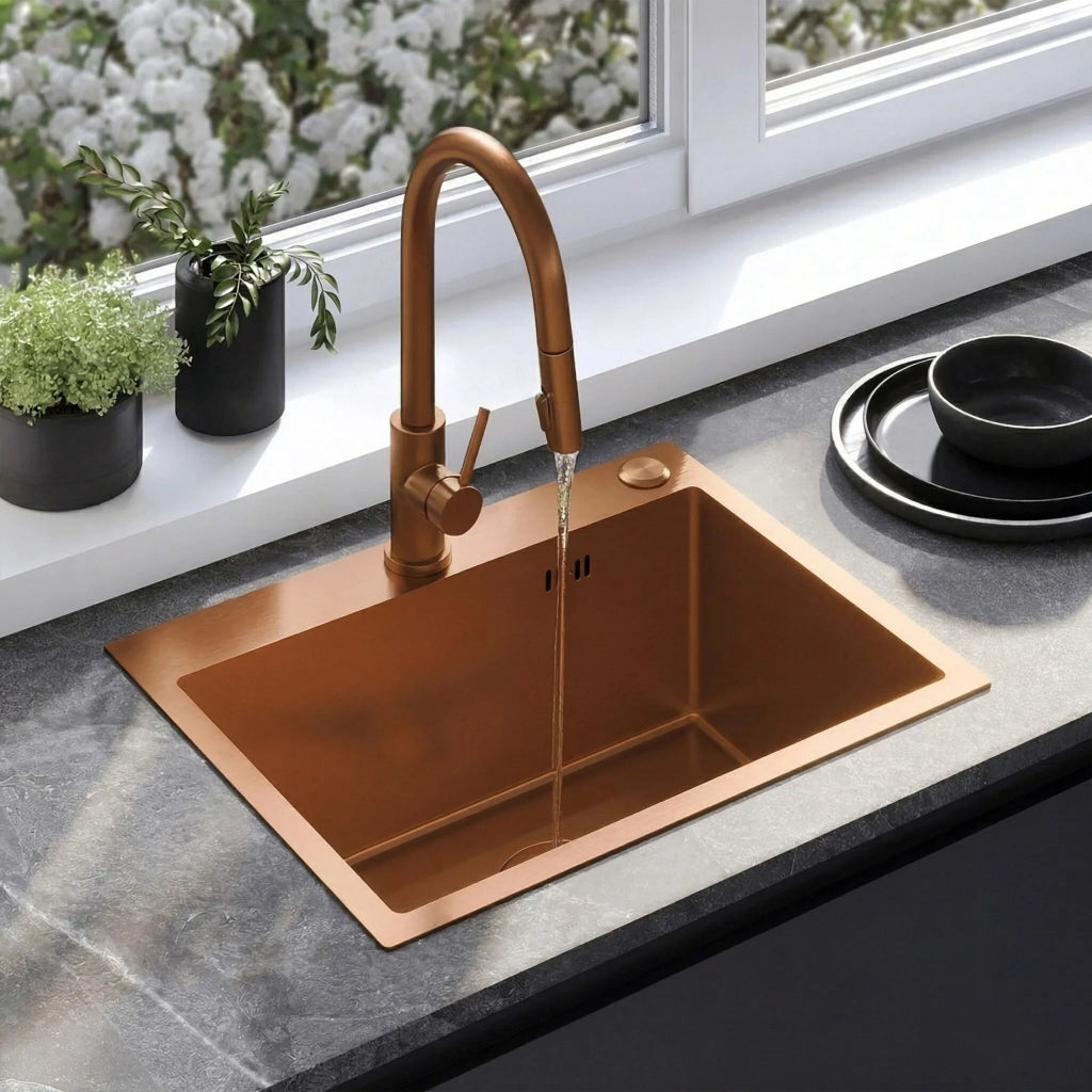 Lavello In Acciaio Con Set Di Accessori 3 Pz. Rea Liam Brush Copper Accessori grigi