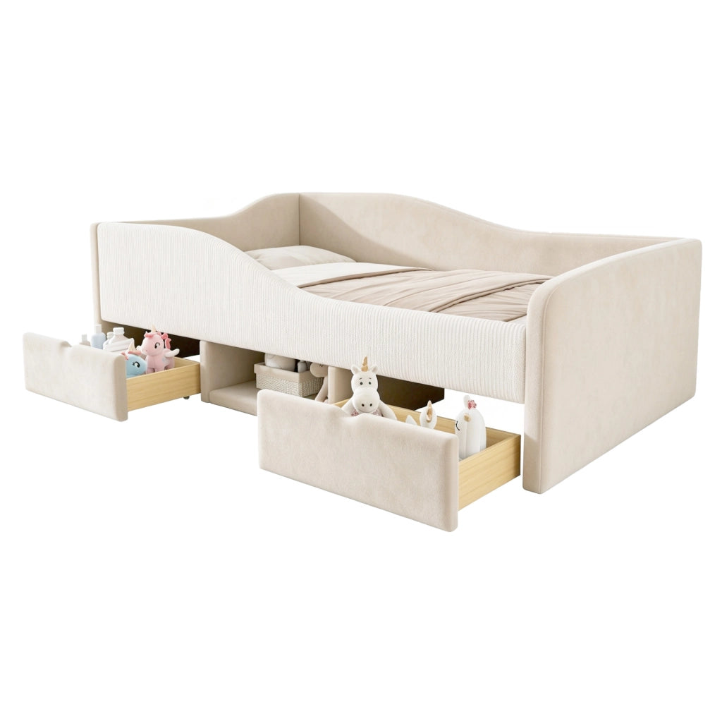 Letto imbottito per bambini 90x190 cm in velluto beige con sponde e spazio contenitivo