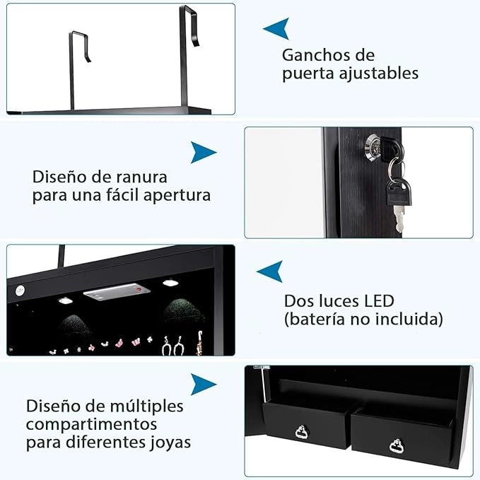 Armadietto per Gioielli con Illuminazione a LED Portagioie da Parete con Specchio, Chiudibile a Chiave, 35,5 x 10 x 120 cm (Nero)