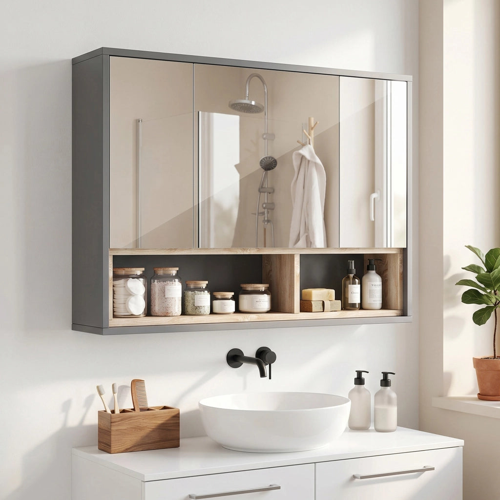 Specchiera Bagno a 3 Ante con Armadietto 8 Vani e Ante Ammortizzate. 80x20x60 cm. Grigio