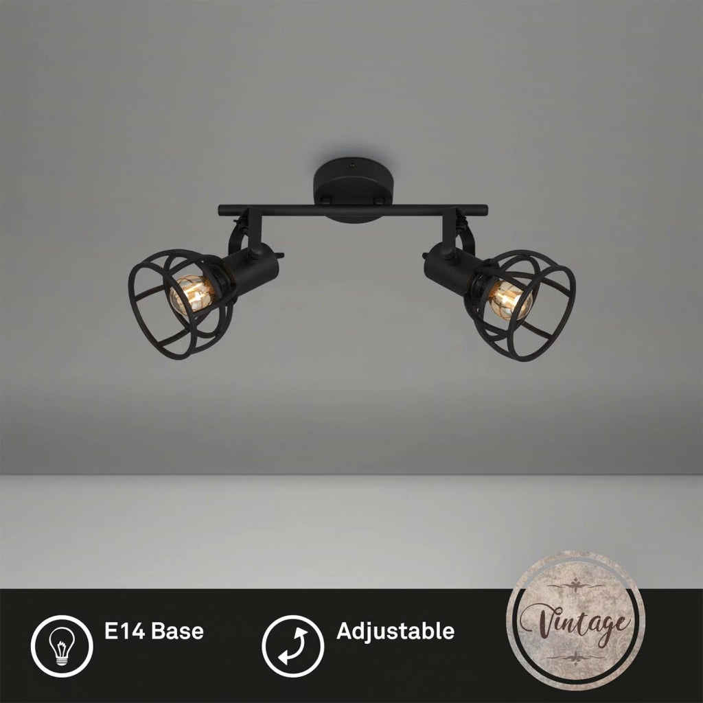 Plafoniera Vintage Korbo Acciaio Nero 2 Luci E14 Ip20