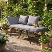 Panchina da giardino in polyrattan con funzione sdraio, 2 posti, divano da giardino in rattan con braccioli regolabili, terrazzo, divano da balcone resistente alle intemperie, colore: grigio
