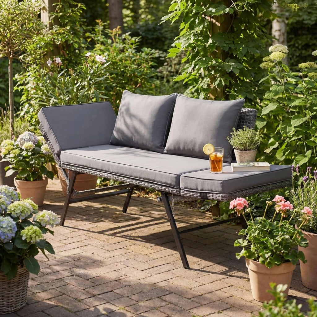 Panchina da giardino in polyrattan con funzione sdraio, 2 posti, divano da giardino in rattan con braccioli regolabili, terrazzo, divano da balcone resistente alle intemperie, colore: grigio