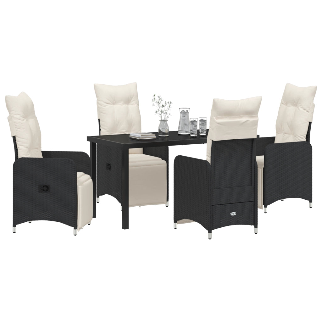 Set da Pranzo da Giardino 5 Pezzi con Cuscini Neri in Rattan Sintetico.