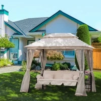 Dondolo 3 Posti e Lettino Singolo Copertura a Gazebo con Zanzariera e Cuscini 256x172x248cm Crema