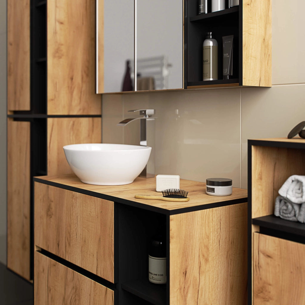 Pensile bagno con specchio VAMI Rovere Craft, Nero 90 cm 2 ante 90x15x75 cm