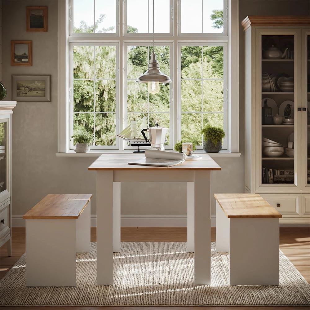 Set da pranzo Sentio, Quercia dorata/bianco, 80 x 80 cm con 2 panche, salvaspazio per zona pranzo e angolo colazione
