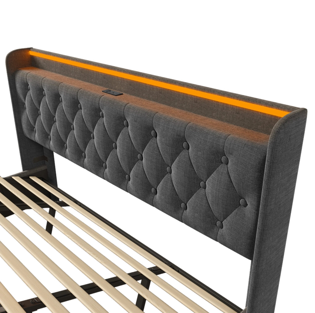 Letto imbottito 180x200 cm grigio in lino con LED; testiera con USB e vano contenitore idraulico