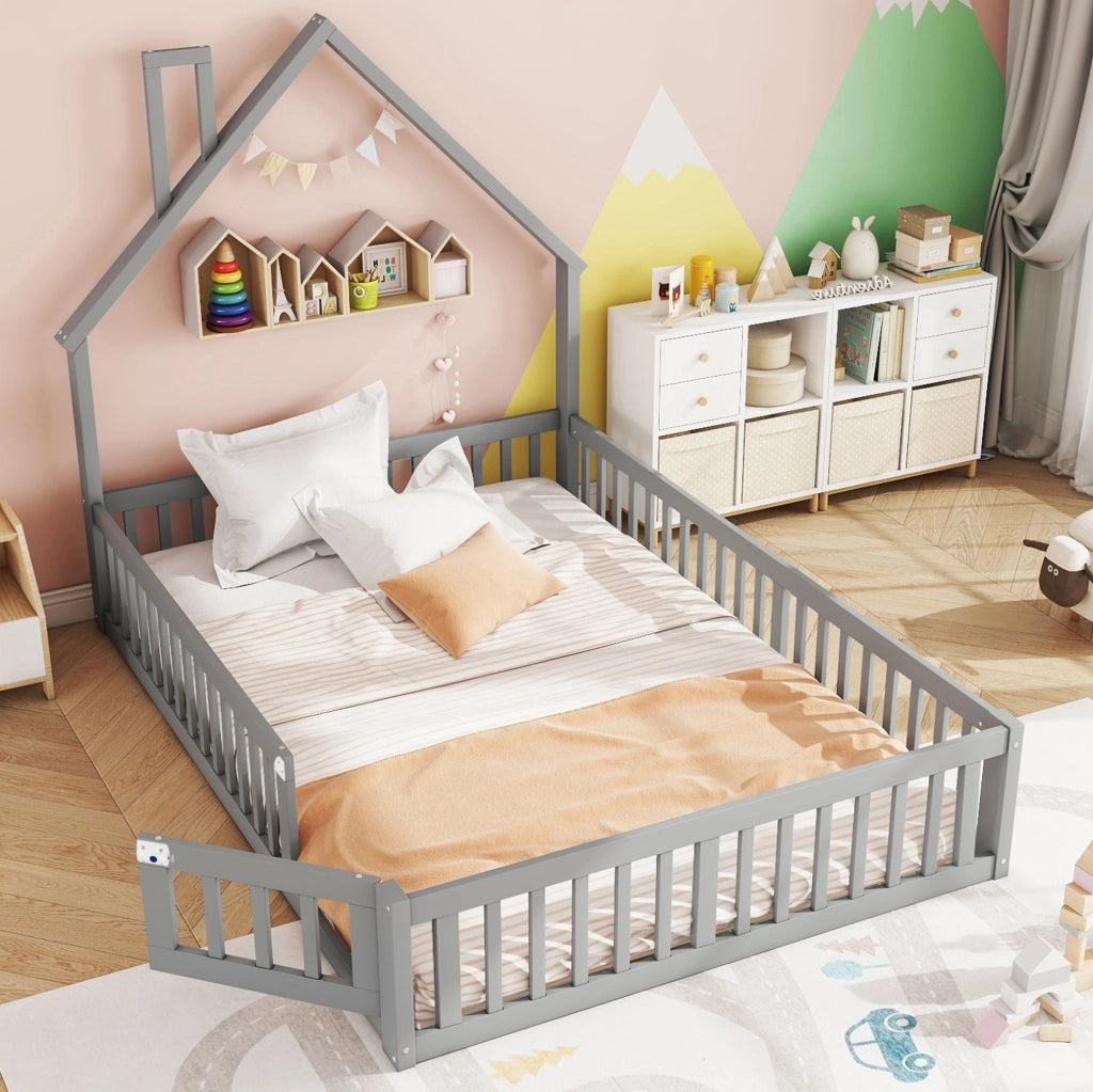 Letto per bambini 140x190 cm con sponde di sicurezza; in legno di pino e MDF grigio