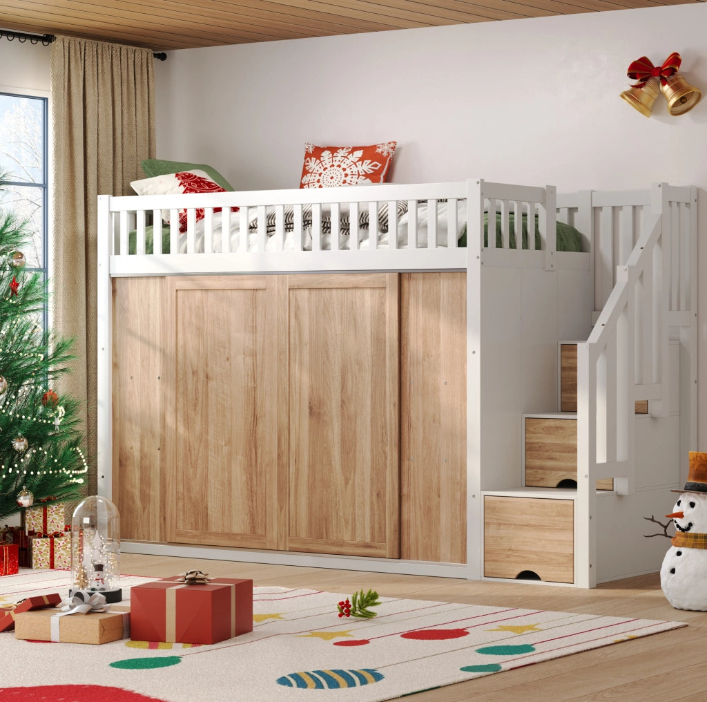 Letto a soppalco 90x200 cm con armadio, scala e luce multicolore