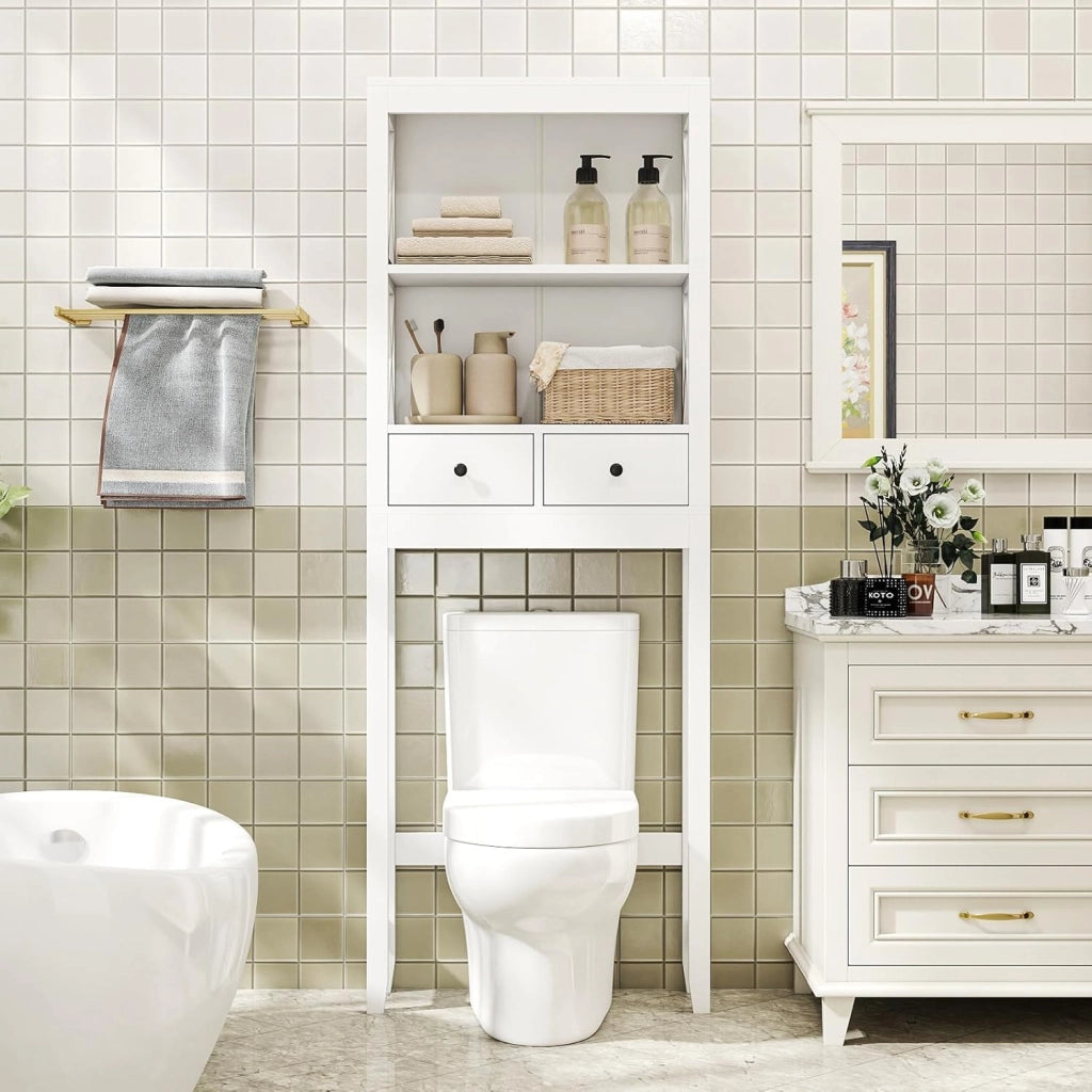 Mobile Sopra Lavatrice, Armadietto da Bagno Indipendente Alto 165 cm con Ripiani Aperti, Cassetti e Barra Inferiore Regolabile, Mobile Sopra WC Salvaspazio, 60 x 20,5 x 165 cm